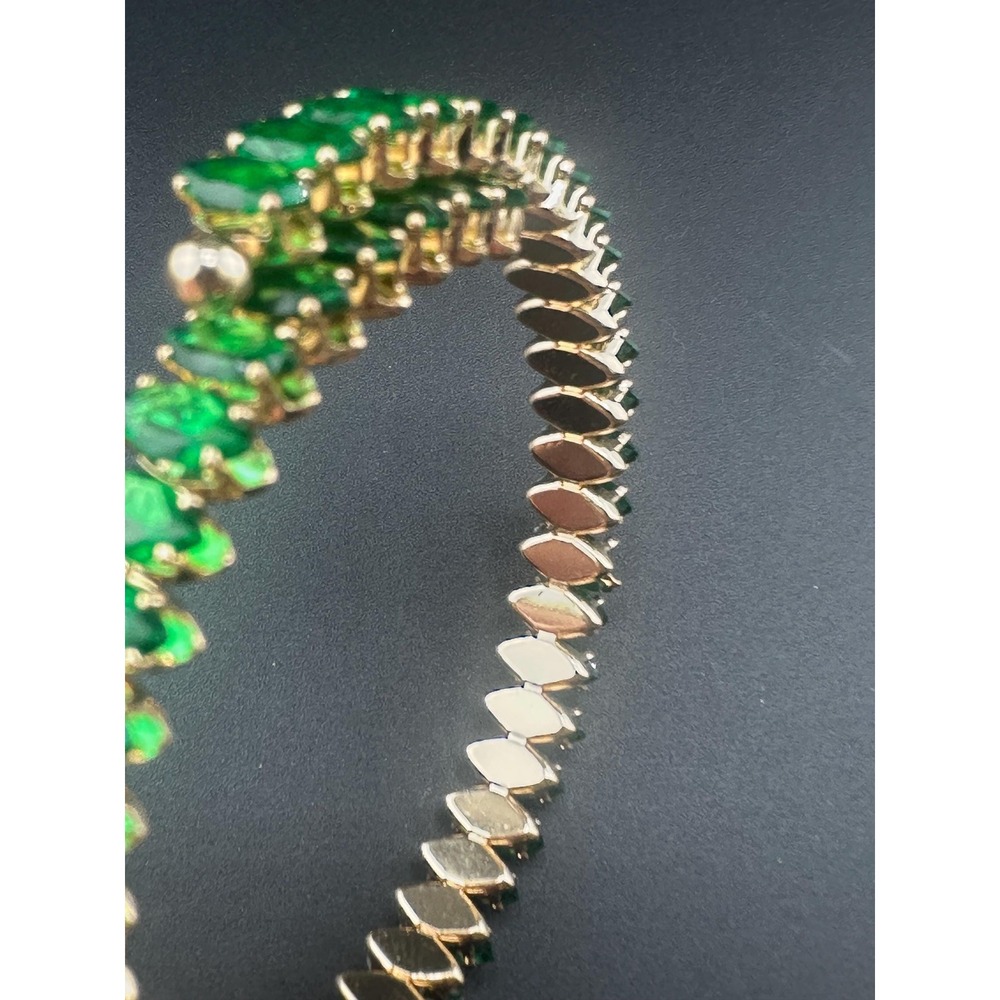 Vintage Emerald Green Glass Navette Rhinestone Flexible Bracelet Mid Century - Picture 9 of 11